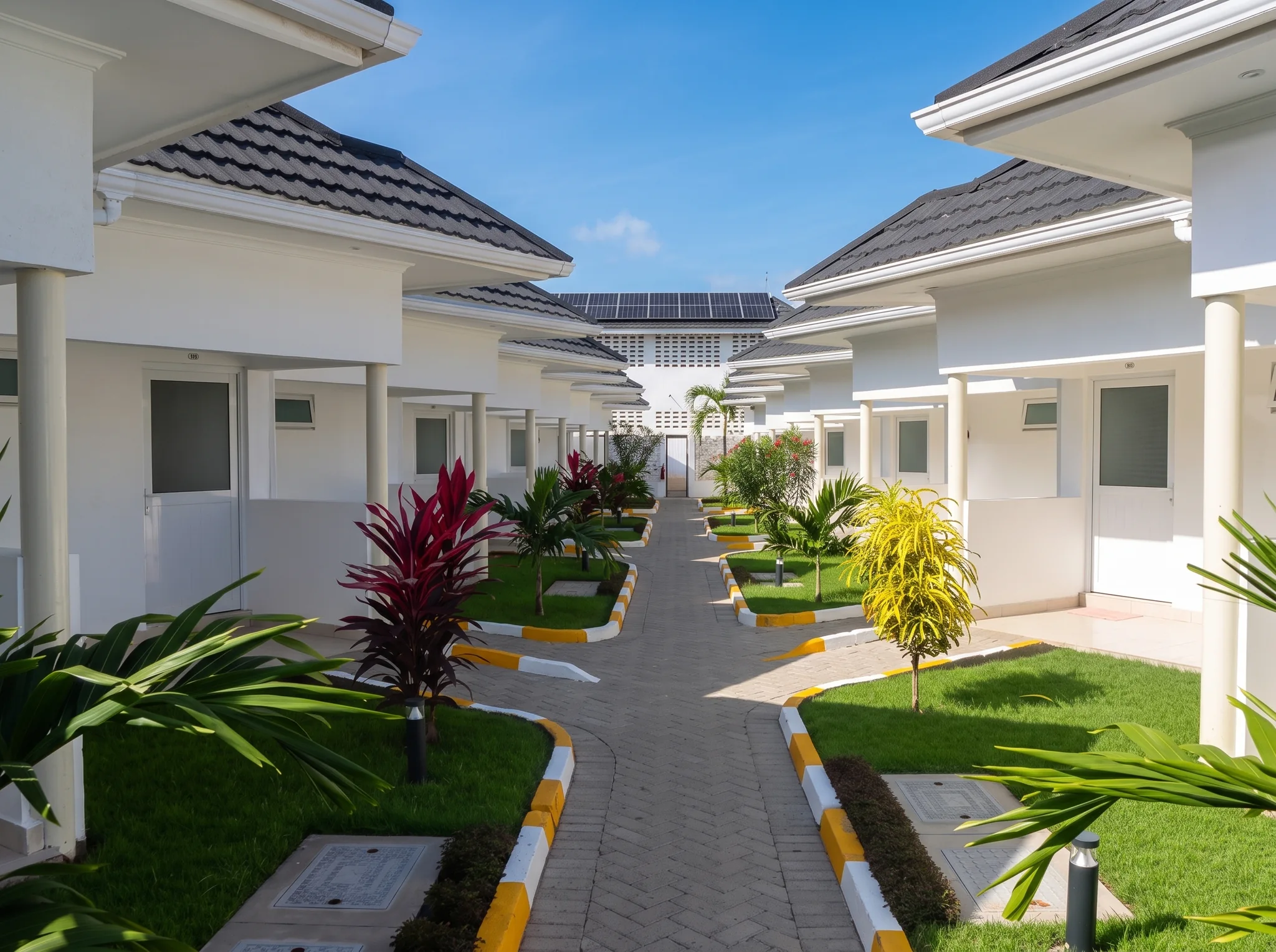 Sunlit central resort walkway and whitewashed cottages at Diani Darling