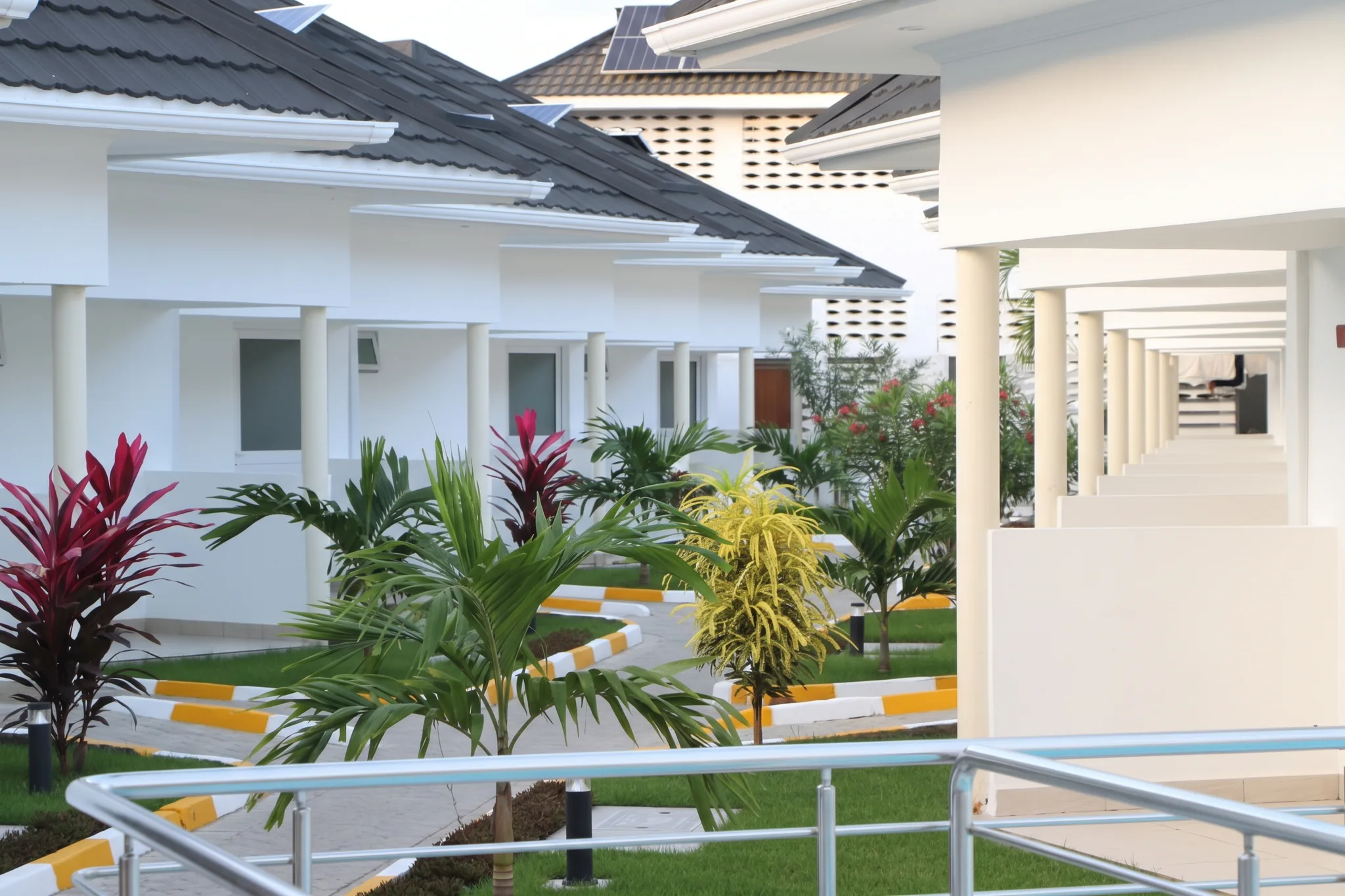 Lush tropical palm garden path winding between private guest cottage villas at Diani Darling