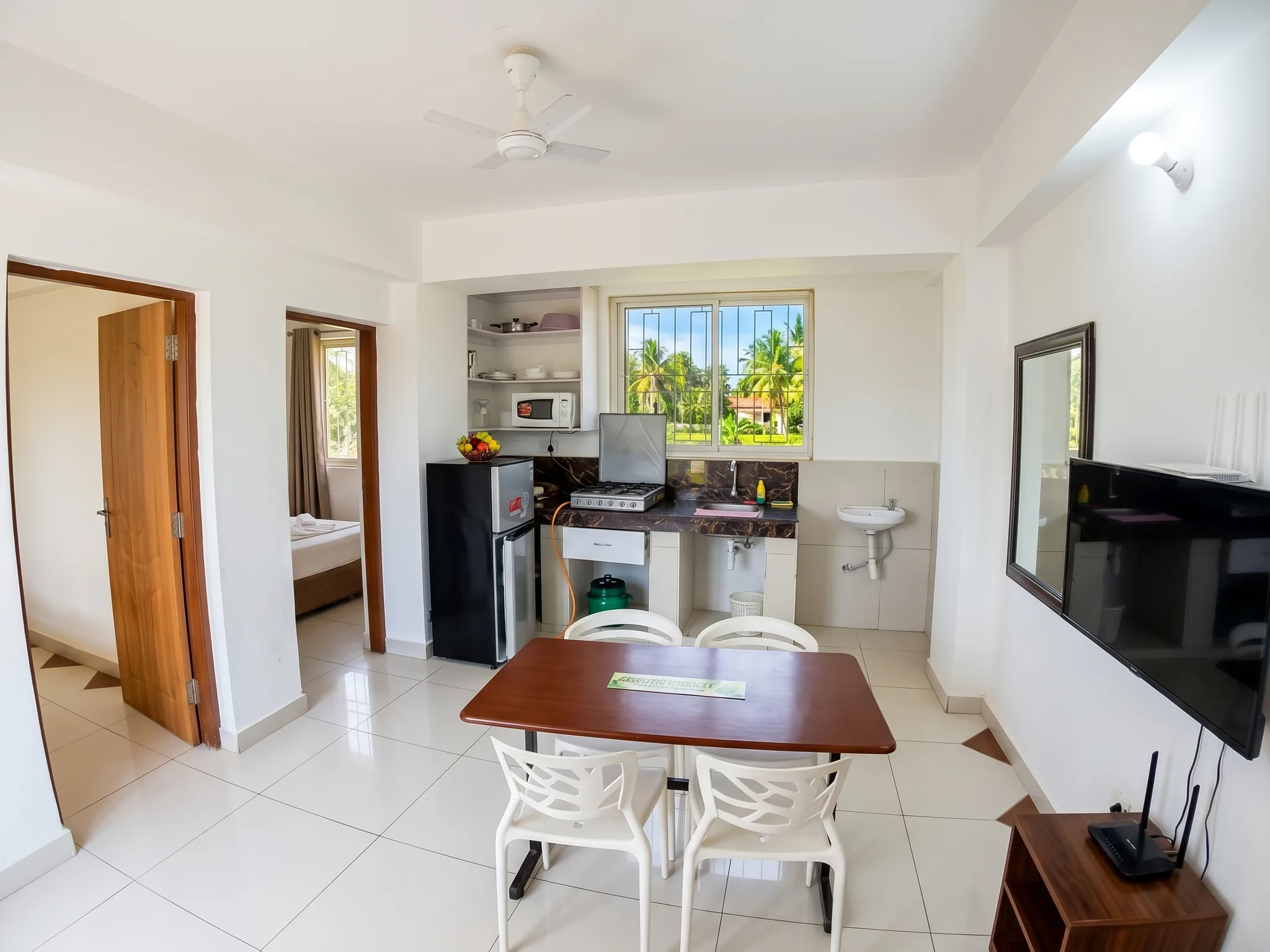 Open-plan living and sitting room in Tower Cottages self-catering apartment
